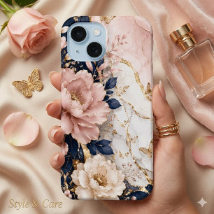 Coque Pour iPhone 15 Marbre Botanique Premium Bleu Nuit et Rose