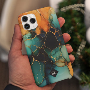 Coque iPhone 15 Pro Max Marbre coloré Bleu Verre Abstrait Art Monogramme