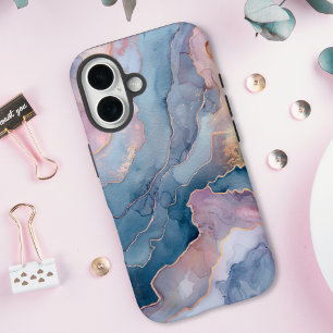 Coques iPhone 16 Marbre d'agate bleu chic rose or