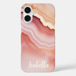 Coques iPhone 16 Marbre d'agate rose or personnalisé et élégant