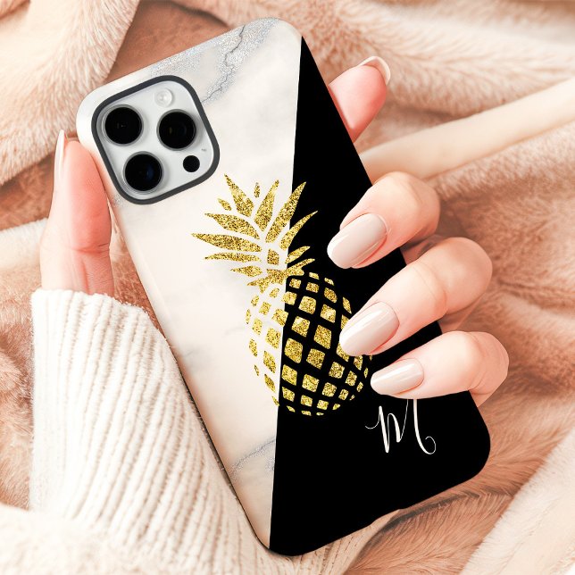 Coques Case-Mate iPhone Marbre d'ananas en or Monogramme noir (Créateur téléchargé)