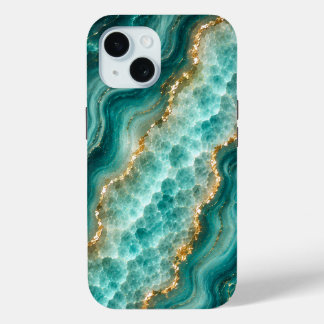 Coque Pour iPhone 15 Marbre de luxe en agate turquoise avec veines d'or