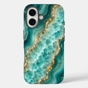 Coques iPhone 16 Marbre de luxe en agate turquoise avec veines d'or