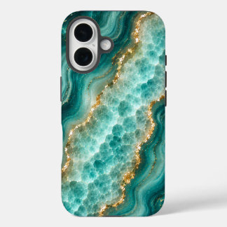 Coques iPhone 16 Marbre de luxe en agate turquoise avec veines d'or