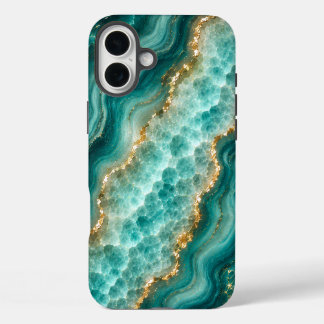 Coques iPhone 16 Plus Marbre de luxe en agate turquoise avec veines d'or