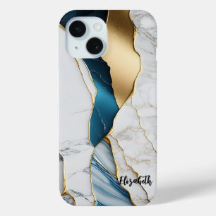 Coque Pour iPhone 15 Marbre de pierre de turquoise blanche Cool or