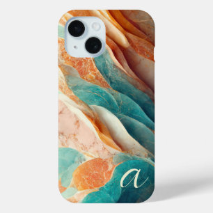 Coque Pour iPhone 15 Marbre Élégant Sarcelle Brun Umber Monogrammé Luxe