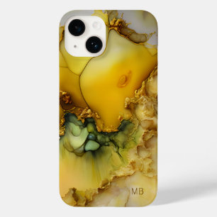 Coque Pour iPhone 14 Marbre Jaune Vert Moderne Monogramme Personnalisé