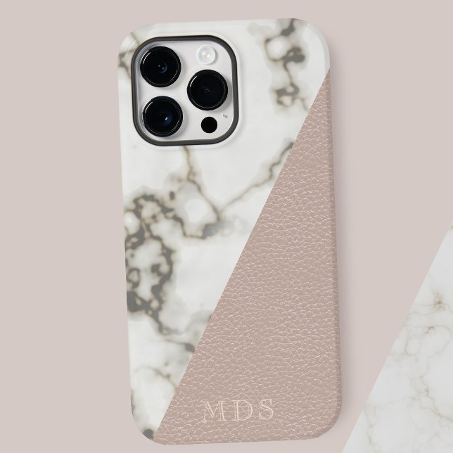 Coques Case-Mate iPhone Marbre moderne Blush rose Faux Monogramme en cuir (A lovely half  blush pink faux leather look & half marble phone case with space for your initials)