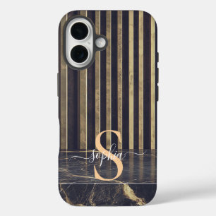 Coques iPhone 16 marbre noir monogramme paillettes dorées
