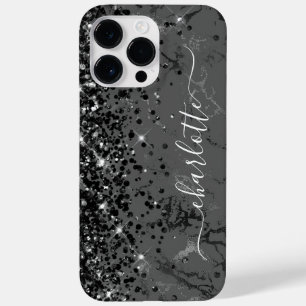 Coque Pour Pour iPhone 14 Pro Max Marbre Noir Pailleté Signature Féminine Glamour