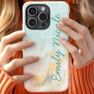 Coque Pour iPhone 15 Marbre Ombre Bleu Or Faux Paillettes Monogramme No