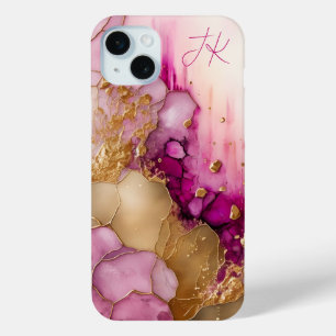 Coque iPhone 15 Mini Marbre Or Rose Violet Monogramme Personnalisé