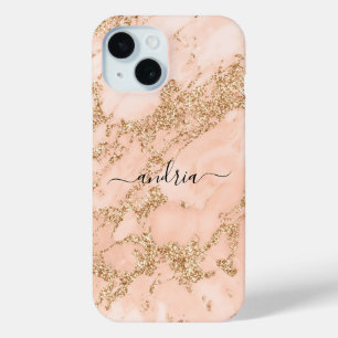 Coque Pour iPhone 15 Marbre Paillettes Or Rose, Nom en Écriture Noire