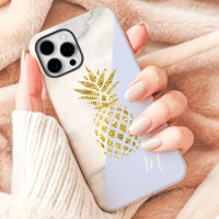 Marbre Pastel Bleu Monogramme Ananas Doré