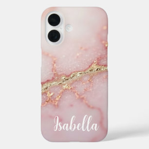 Coques iPhone 16 Marbre Rose Personnalisé Élégant Or