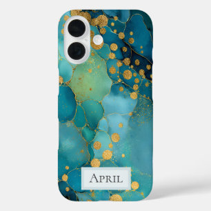 Coques iPhone 16 Marbre sarcelle, turquoise et or