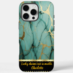 Coques iPhone 16 Pro Max Marbre turquoise et or avec des motifs complexes