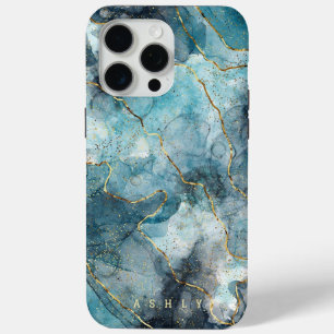 Coque iPhone 15 Pro Max Marbre Turquoise Or Élégant Moderne