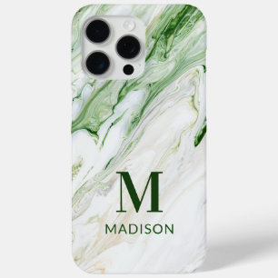 Coque iPhone 15 Pro Max Marbre Vert Blanc Monogramme Nom Personnalisé