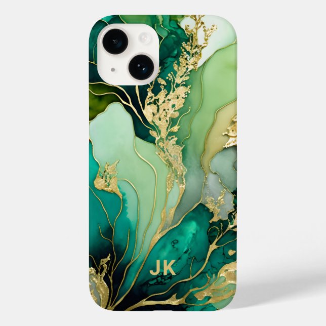 Coques Case-Mate iPhone Marbre Vert Moderne Or Monogramme Personnalisé (Verso)