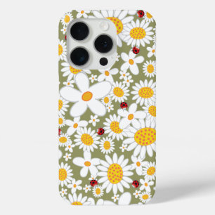Coque iPhone 15 Pro Marguerites blanches d'été et coccinelles rouges