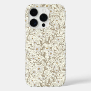 Coques iPhone 16 Pro Marguerites en blanc et marron sur fond blanc cass