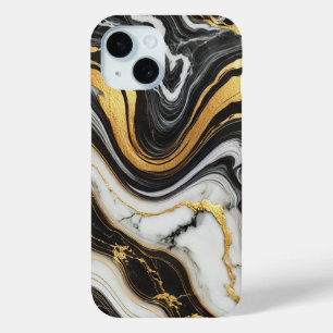 Coque Pour iPhone 15 Mariage de lunette en marbre blanc noir d'or liqui