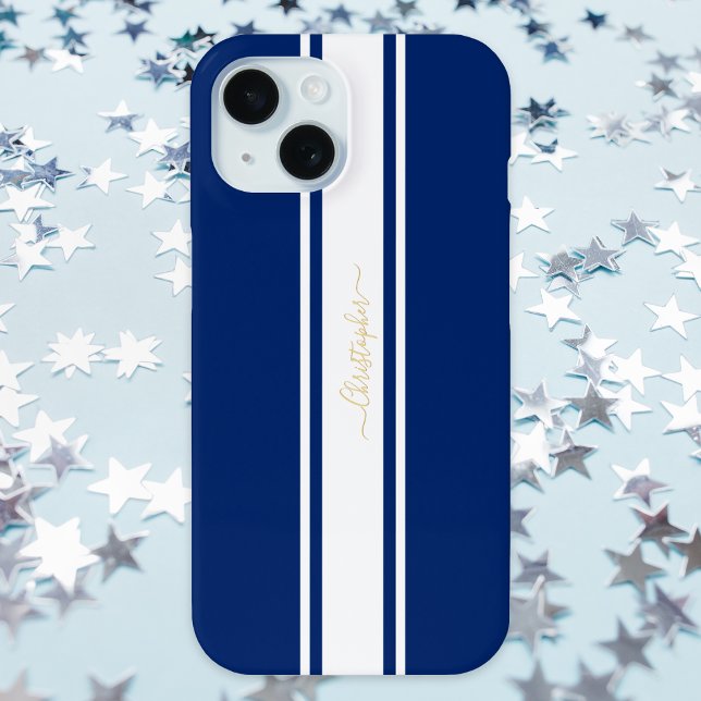 Coques Case-Mate iPhone Marine Bleu Blanc Coulisses Or Monogramme (Navy Blue White Racing Stripes Gold Monogrammed Case-Mate iPhone Case)