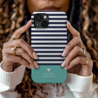 Coque Pour iPhone 15 Marine Bleu et Aqua Chic Stripes Coeur Monogramme