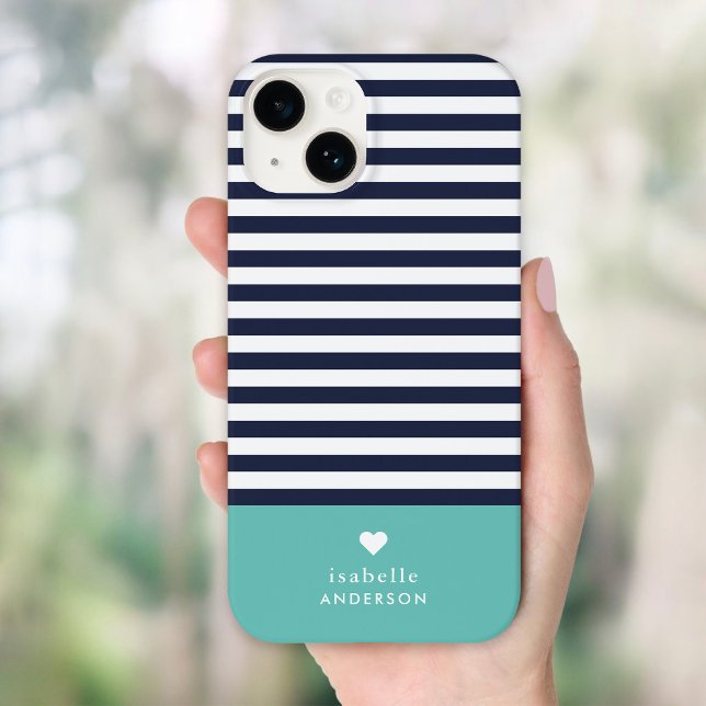Coques Case-Mate iPhone Marine Bleu et Aqua Chic Stripes Coeur Monogramme (Créateur téléchargé)