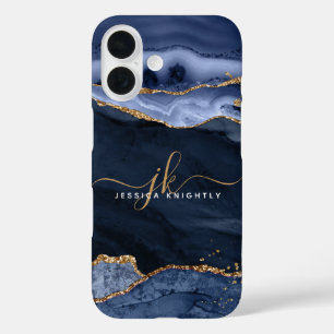 Coques iPhone 16 Marine Blue Agate Geode Gold Script Monogramme