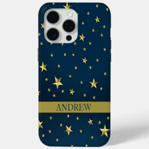 Coque iPhone 15 Pro Max Marine Blue Gold Stars Nom personnalisé