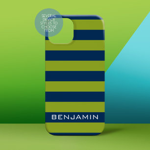 Coque Pour iPhone 15 Marine Blue Lime Green Rugby Stripes Nom personnal