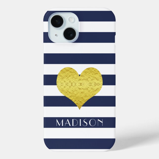 Coques Case-Mate iPhone Marine moderne Blue Stripes Gold Nom du coeur (Verso)
