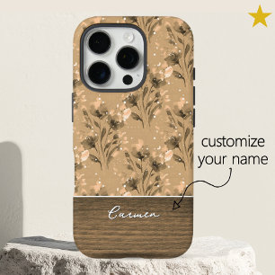 Coques iPhone 16 Pro Marron Élégant Fleurs Grain de Bois Nom Personnali