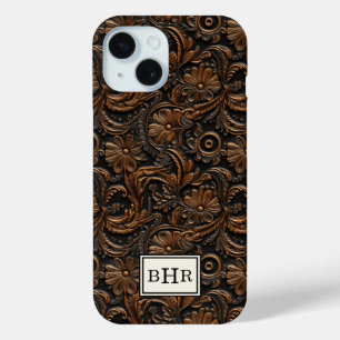 Coque Pour iPhone 15 Marron Vintage Cuir Outils Monogrammé