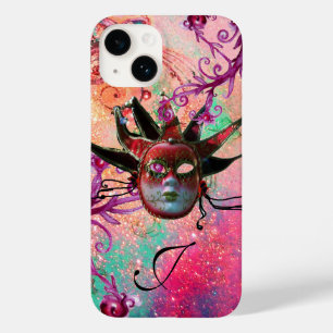 Coque Pour iPhone 14 MASQUE JESTER ROUGE NOIR Mascarade Monogramme rose