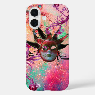 Coques iPhone 16 MASQUE JESTER ROUGE NOIR Mascarade Vert rose