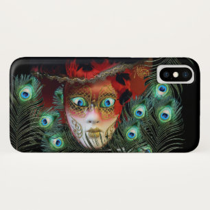 COQUE iPhone X   MASQUE ROUGE AVEC PEACOCK FEATHERS MASQUERADE PART