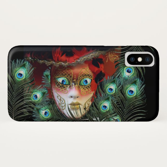 COQUES Case-Mate iPhone MASQUE ROUGE AVEC PEACOCK FEATHERS MASQUERADE PART (Dos (Horizontal))