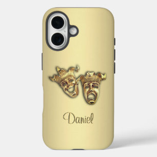 Coques iPhone 16 Masques de théâtre d'or comique et tragique