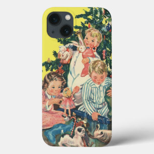 Etui iPhone 13 Matin de Noël vintage, enfants ouvrant des cadeaux