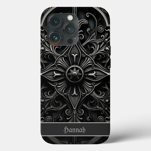 Coques Case-Mate iPhone Médaille gothique noire et gris en fibre (Verso)