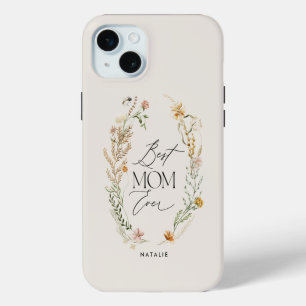 Coque iPhone 15 Mini Meilleure maman crème élégante fleur sauvage flora