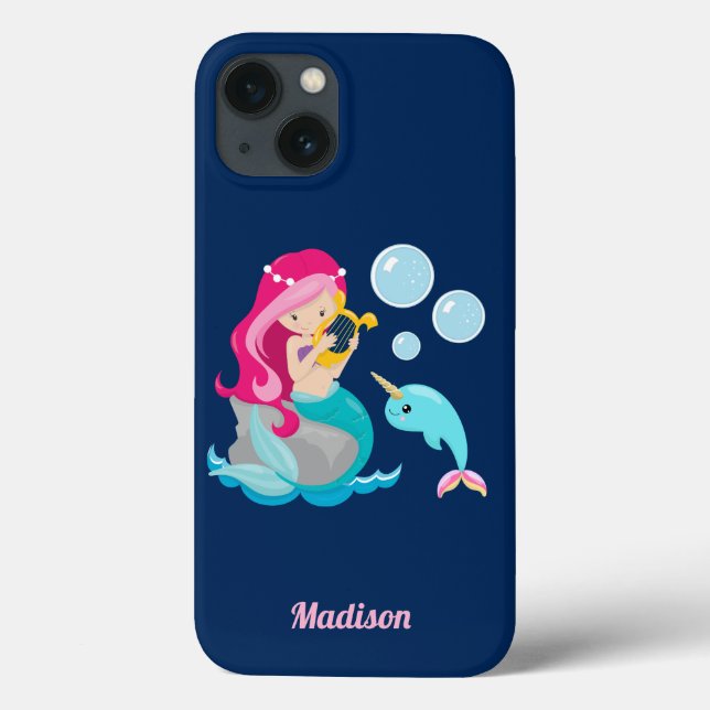 Coques Case-Mate iPhone Mermaid Girl Cute Beach Narwhal Monogramme (Verso)