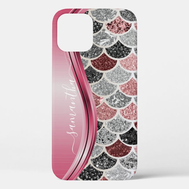 Coques Case-Mate iPhone Mermaid Scales Argent Nom manuscrit rose (Verso)