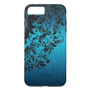 Coque iPhone 8 Plus/7 Plus Métallique Turquoise Brossé Aluminium noir dentell