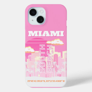 Coque Pour iPhone 15 Miami Beach, Miami Travel Art, Preppy, rose