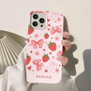 Coque Pour iPhone 15 Mignon Coquette Fraises Roses et Rubans Personnali